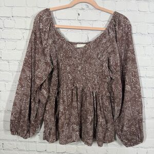 Babydoll Crop Blouse Women Plus 2X Brown Floral Balloon Sleeve Y2K Boho Peasant